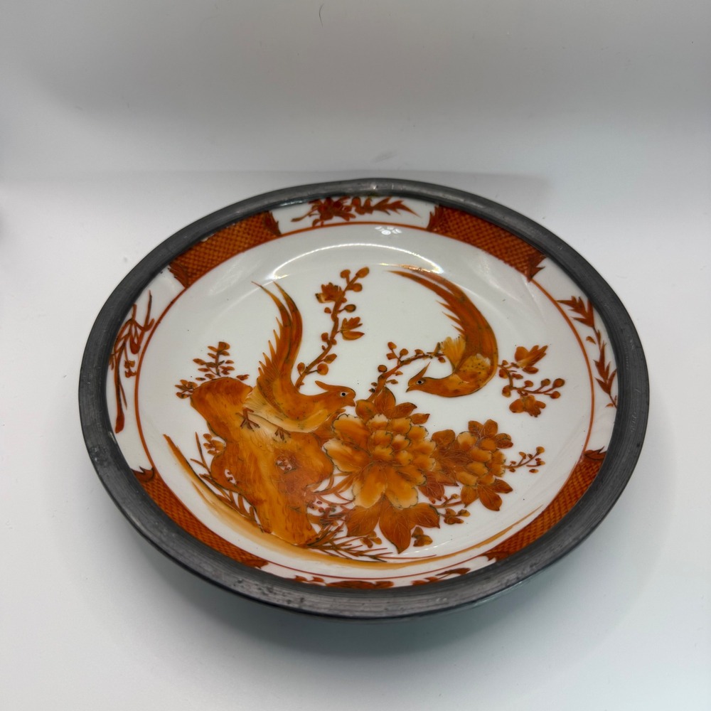Vintage‎ Hand Painted Hong Kong Plate Decorative Bird Floral Orange Pewter Rim
